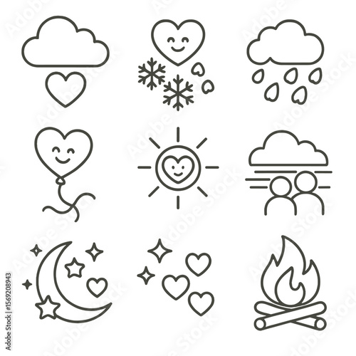 Valentine's Weather Icons. Outline style icons of Valentine’s Day Weather and Atmosphere Silhouette: cloudy sky with heart, snow