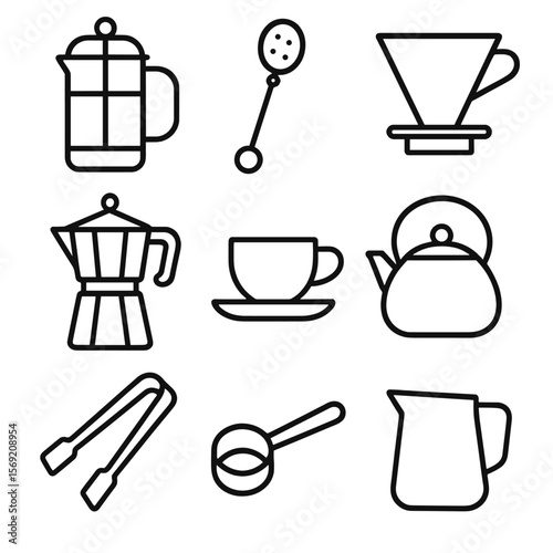 Coffee and Tea Icons. Outline style icons of Coffee and Tea Accessories: French press, tea infuser, coffee dripper, moka pot,