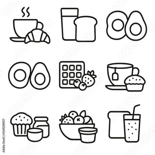Brunch Pairing Icons. Outline style icons of Brunch Food Pairings: coffee and croissant, orange juice and toast, eggs and avocado,