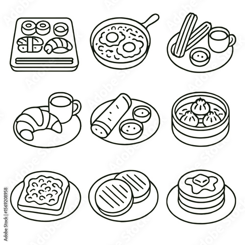 Global Breakfast Delights. Outline style icons of Global Breakfast Foods: sushi breakfast set (Japan), shakshuka pan (Middle East)