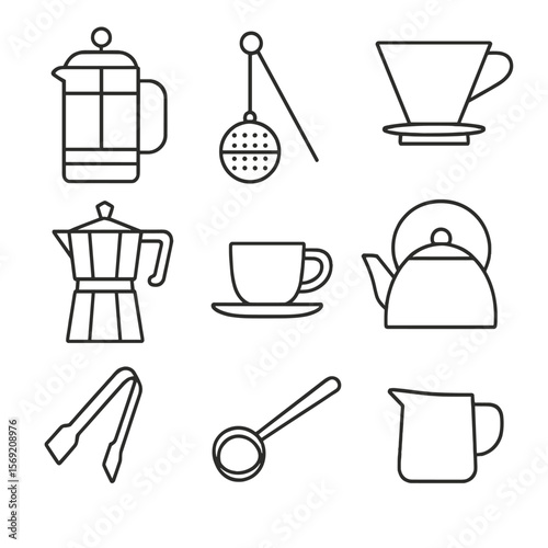 Coffee and Tea Icons. Outline style icons of Coffee and Tea Accessories: French press, tea infuser, coffee dripper, moka pot,