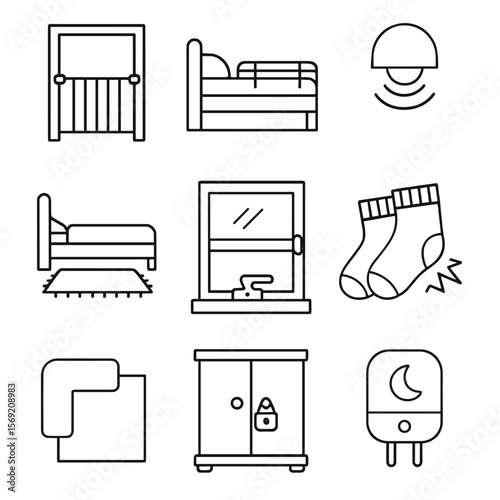 Sleepwalker Safety Icons. Outline style icons of Bedroom Safety for Sleepwalkers: child gate at doorway, safety rail on bed,