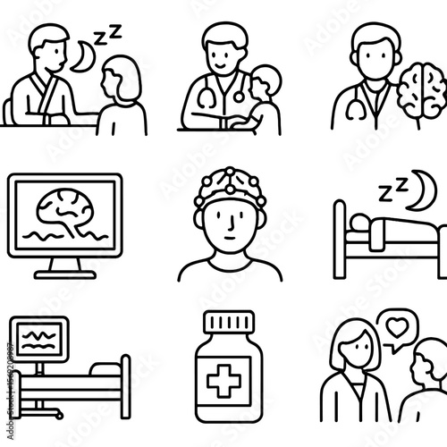 Medical Sleepwalking Support Icons. Outline style icons of Medical Support for Sleepwalking: sleep therapist, pediatric