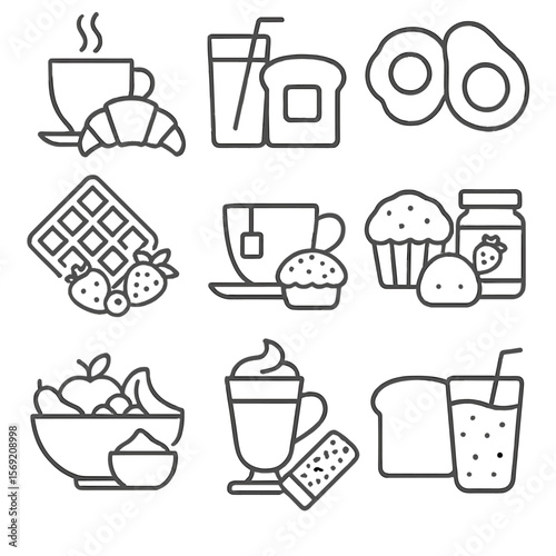 Brunch Pairing Icons. Outline style icons of Brunch Food Pairings: coffee and croissant, orange juice and toast, eggs and avocado,