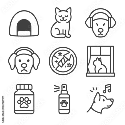 Pet-Friendly New Year Icons. Outline style icons of Pet-Friendly New Year’s: pet hiding spot, calm pet icon, soft pet bed, dog
