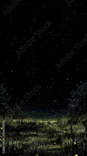 Enchanted Night Sky Filled with Stars and Glowing Fireflies
