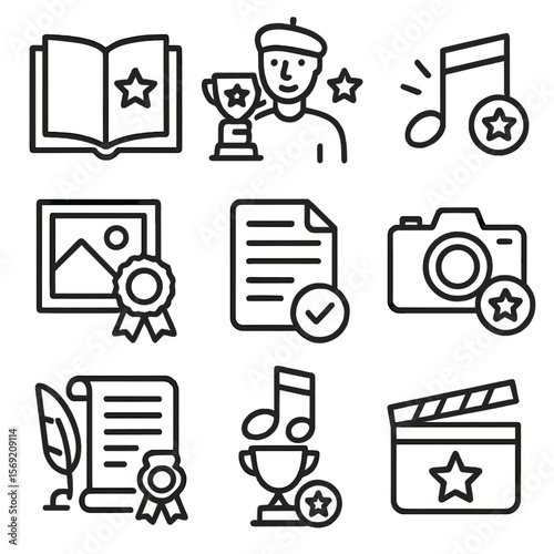 Creative Success Icons. Outline style icons of Creative Success: published book, artist with trophy, song release with star,