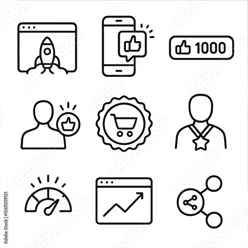 Online Success Icons. Outline style icons of Online Success: website launch, viral post icon, like counter full, follower