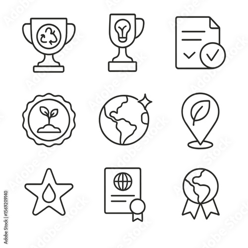 Eco Achievement Icons. Outline style icons of Environmental Achievement: recycling award, green energy trophy, sustainability