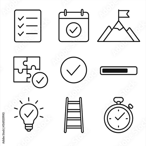 Outline Icons of Success. Outline style icons of Goal Completion: checklist with tick marks, finished calendar task, mountain