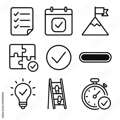Outline Icons of Success. Outline style icons of Goal Completion: checklist with tick marks, finished calendar task, mountain