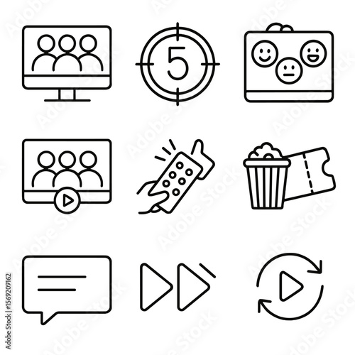 Virtual Watch Party Icons. Outline style icons of Virtual Watch Party: group video chat, countdown start icon, emojis on screen,