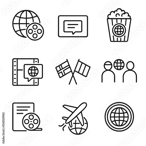 International Movie Icons. Outline style icons of International Movie Night: globe with reel, foreign subtitle, international