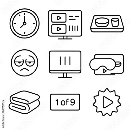 Movie Binge Icons. Outline style icons of Movie Binge Night: clock past midnight, multiple episodes screen, empty snack tray,