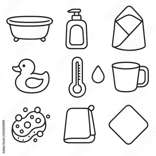 Baby Bath Essentials. Outline style icons of Bath Time Silhouette: baby bathtub, baby shampoo bottle, rinse cup, hooded towel,