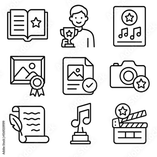 Creative Success Icons. Outline style icons of Creative Success: published book, artist with trophy, song release with star,