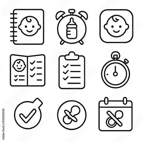 Baby Schedule Icons. Outline style icons of Baby Schedule Tools Silhouette: daily log notebook, feed alarm, diaper timer, baby app