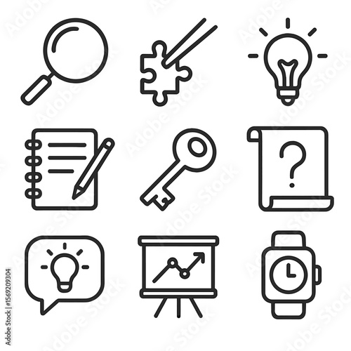 Puzzle Tools Icons. Outline style icons of Puzzle Solving Tools Silhouette: magnifying glass, puzzle piece picker, hint lightbulb,