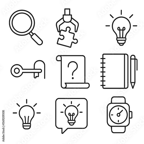 Puzzle Tools Icons. Outline style icons of Puzzle Solving Tools Silhouette: magnifying glass, puzzle piece picker, hint lightbulb,