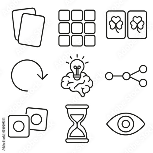 Memory Game Icons. Outline style icons of Memory Game Silhouette: flip card icon, memory grid, symbol pair outline, recall arrow,