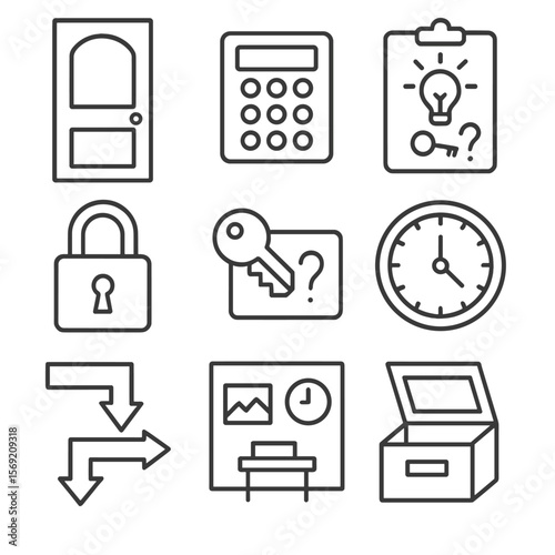 Escape Room Icons. Outline style icons of Escape Room Puzzle Silhouette: locked door icon, digital keypad, clue board, padlock