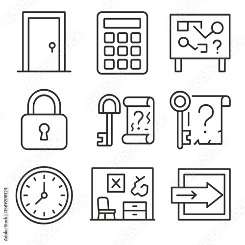Escape Room Icons. Outline style icons of Escape Room Puzzle Silhouette: locked door icon, digital keypad, clue board, padlock