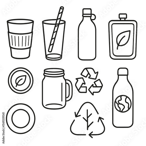 Eco Drinkware Icons. Outline style icons of Eco Drinkware Silhouette: reusable bamboo cup, paper straw in glass, stainless steel