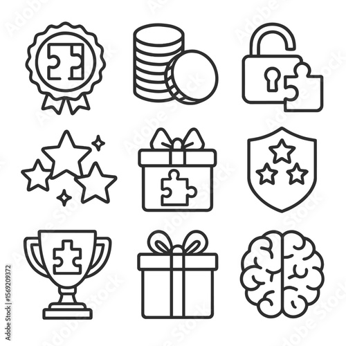 Puzzle Reward Icons. Outline style icons of Puzzle Rewards Silhouette: completion badge, coins stack icon, reward stars, unlock