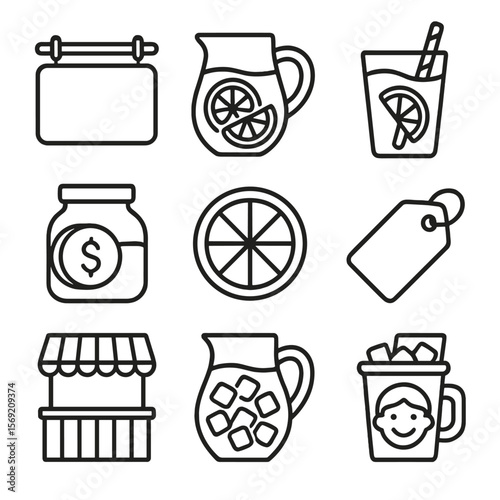Lemonade Stand Icons. Outline style icons of Lemonade Stand Silhouette: lemonade signboard, pitcher with lemon slices, striped