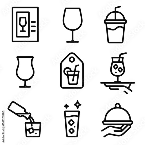 Summer Drink Icons. Outline style icons of Restaurant Summer Beverages Silhouette: menu drink icon, signature glass outline, straw