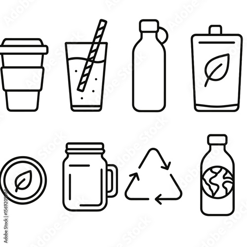 Eco Drinkware Icons. Outline style icons of Eco Drinkware Silhouette: reusable bamboo cup, paper straw in glass, stainless steel