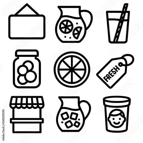 Lemonade Stand Icons. Outline style icons of Lemonade Stand Silhouette: lemonade signboard, pitcher with lemon slices, striped