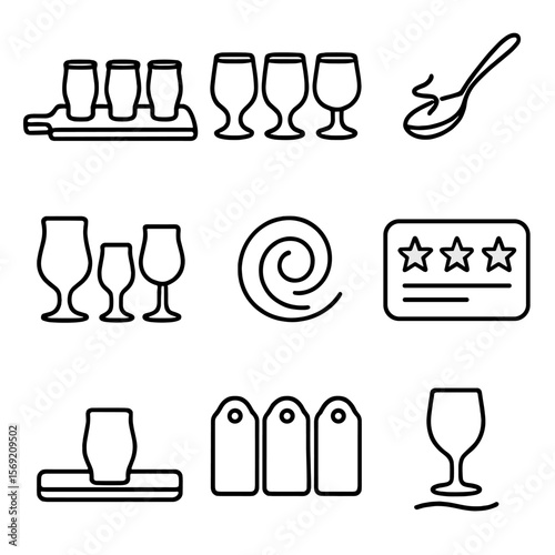 Drink Tasting Icons. Outline style icons of Drink Tasting Set Silhouette: flight tray, sample glasses, tasting spoon with sip,