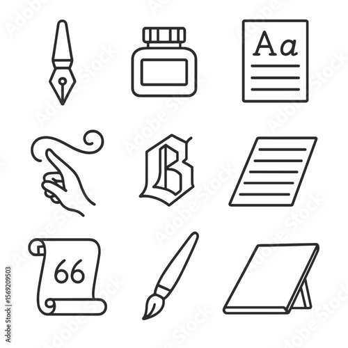 Calligraphy Tools Icons. Outline style icons of Calligraphy: nib pen, ink bottle, alphabet guide, practice lines, hand flourish,