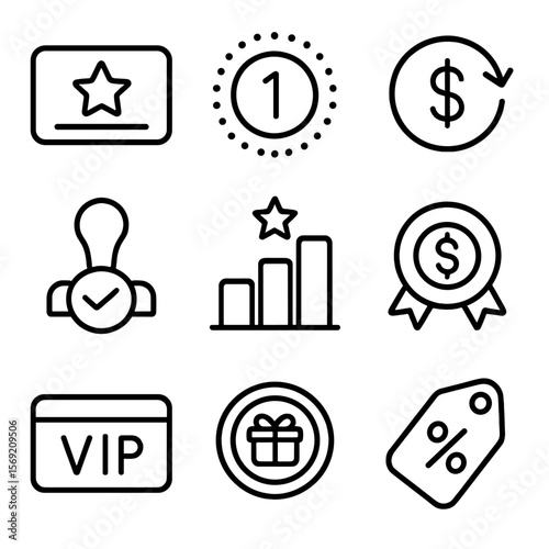 Loyalty Icons Collection. Outline style icons of Loyalty and Rewards: card with star, reward points icon, earn dollar back,