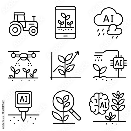 AI Agriculture Icons. Outline style icons of AI in Agriculture: autonomous tractor, smart crop analysis, AI weather prediction,