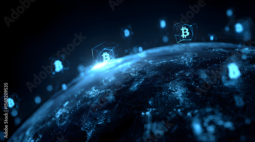 Bitcoin symbols floating above a digital earth globe in a dark blue virtual environment space