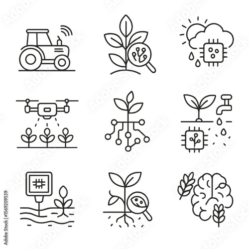 AI Agriculture Icons. Outline style icons of AI in Agriculture: autonomous tractor, smart crop analysis, AI weather prediction,
