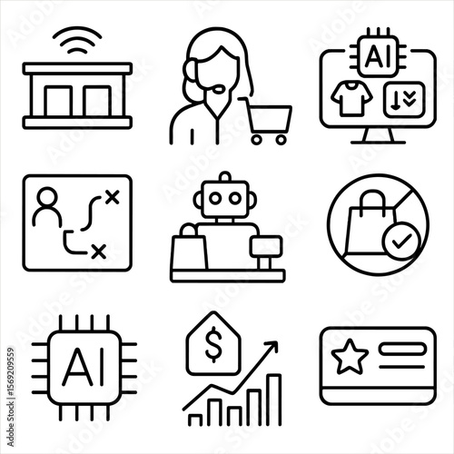 AI Retail Icons. Outline style icons of AI in Retail: smart shelf sensor, AI shopping assistant, product recommendation engine,