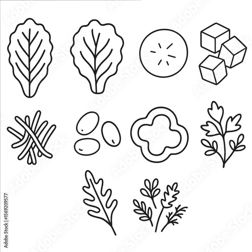 Salad Ingredients Icons. Outline style icons of Salad Ingredients: romaine lettuce, iceberg leaf, radish slice, diced avocado,
