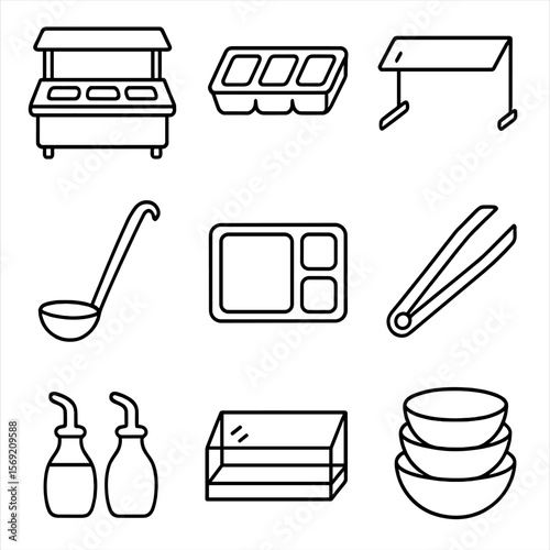 Salad Bar Icons. Outline style icons of Salad Bars: self-serve station, topping containers, sneeze guard, salad scoop spoon,