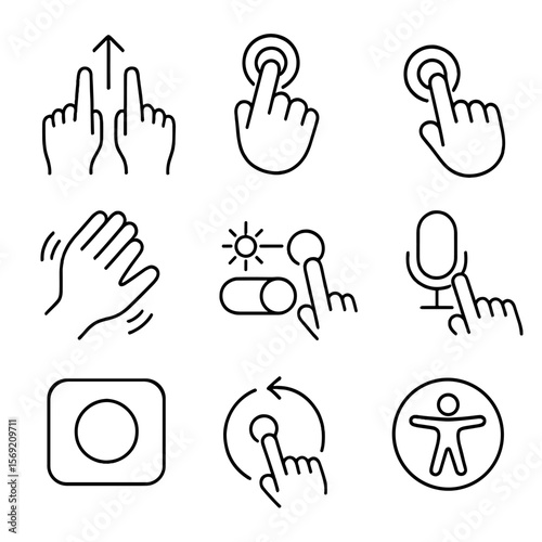 Accessibility Gesture Icons. Outline style icons of Accessibility Gestures: two-finger swipe up for screen reader, triple tap zoom