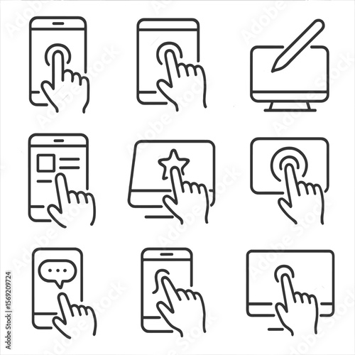 Outline Touchscreen Icons. Outline style icons of Touchscreen Interaction: finger with smartphone, hand touching tablet, stylus on