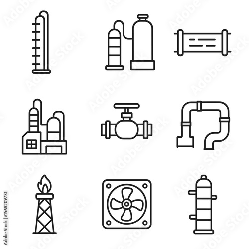 Refinery Equipment Icons. Outline style icons of Refinery Equipment: distillation tower, catalytic cracker, heat exchanger, oil