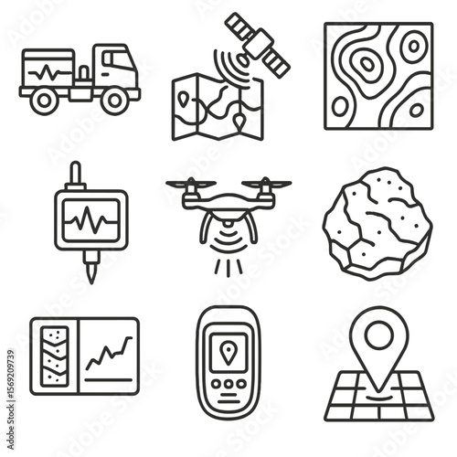Exploration Icon Set. Outline style icons of Exploration and Survey: seismic truck, satellite map, topographic chart, geophone,