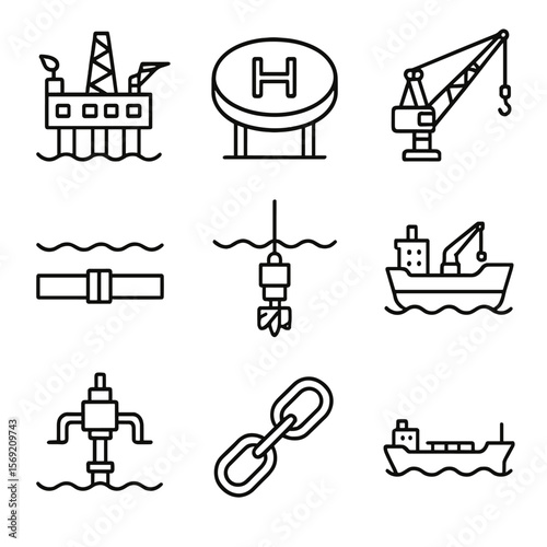 Offshore Oil Icons. Outline style icons of Offshore Oil: oil platform at sea, helicopter landing pad, rig crane, seabed pipeline,