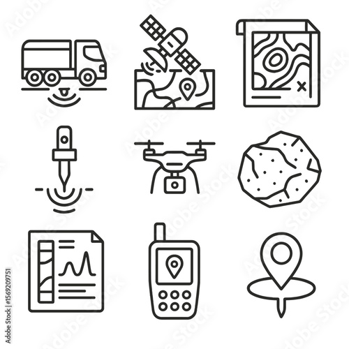 Exploration Icon Set. Outline style icons of Exploration and Survey: seismic truck, satellite map, topographic chart, geophone,