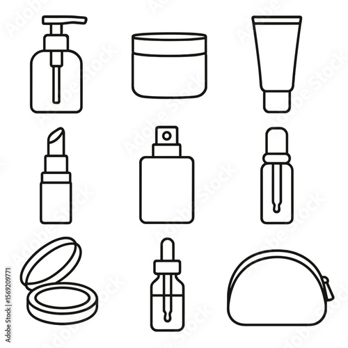 Cosmetic Packaging Icons. Outline style icons of Cosmetic Packaging: pump bottle, cream jar, squeeze tube, lipstick case, perfume