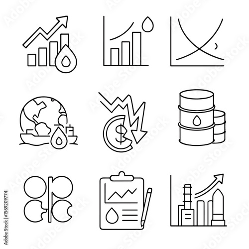 Oil Economics Icons. Outline style icons of Oil Economics: energy economy symbol, GDP oil chart, supply-demand curve, global oil