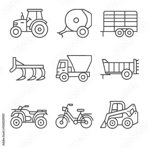Farming Vehicle Icons. Outline style icons of Farming Vehicles: tractor, hay baler, plow attachment, livestock trailer, feed truck